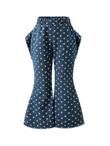 Polka Dot Denim Flare Pants With Back Bow, Frayed Hem, Children's Spring/Autumn Casual Set, Fashionable Daily Outfit For Girls - Blue - View 5
