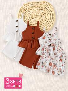 SHEIN Vintaside Kids 3pcs/Set Baby Girl's Colorful Ribbed Graphic Tank Top And Elastic Waist Loose Shorts Beach Outfit, Spring/Summer - Multicolor - View 4
