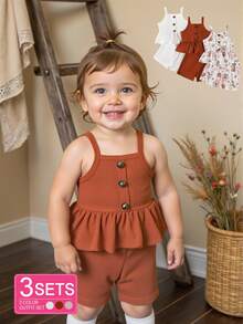 SHEIN Vintaside Kids 3pcs/Set Baby Girl's Colorful Ribbed Graphic Tank Top And Elastic Waist Loose Shorts Beach Outfit, Spring/Summer - Multicolor - View 3