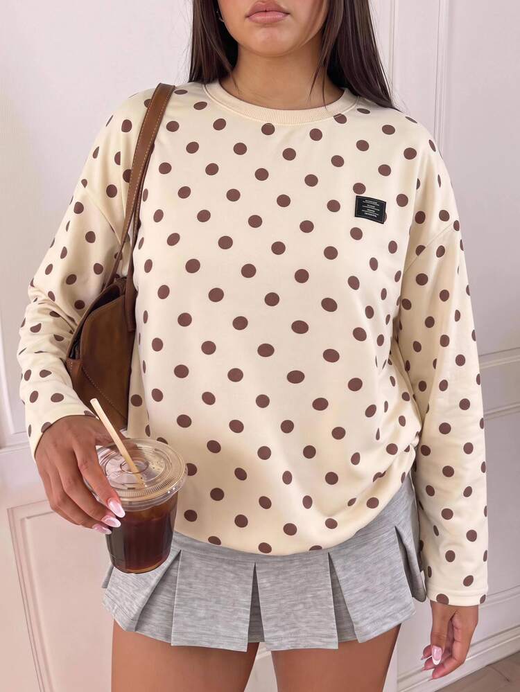 Comfortcana Plus Size Women's Letter & Polka Dot Print Long Sleeve Casual T-Shirt - Light Yellow - View 3