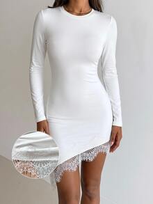 SHEIN EZwear White Knitted Lace Patchwork Women's Mini Dress Wedding Night Out Date Night Autumn Elegant Sexy - White - View 10