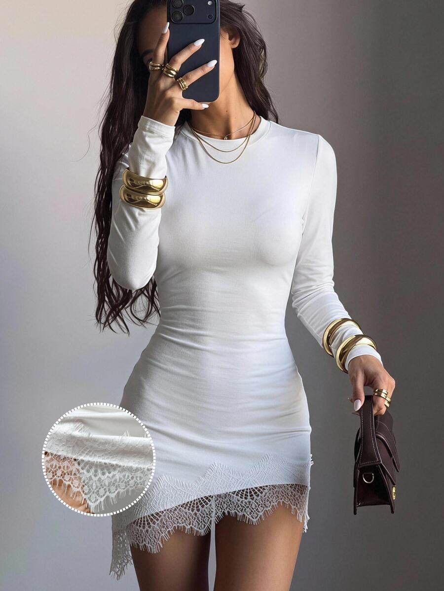 SHEIN EZwear White Knitted Lace Patchwork Women's Mini Dress Wedding Night Out Date Night Autumn Elegant Sexy