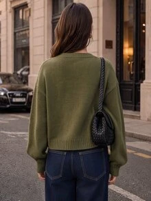 Elafinee Women's Solid Color Simple Casual Crew Neck Long Sleeve White Sweater - Olive Green - View 2