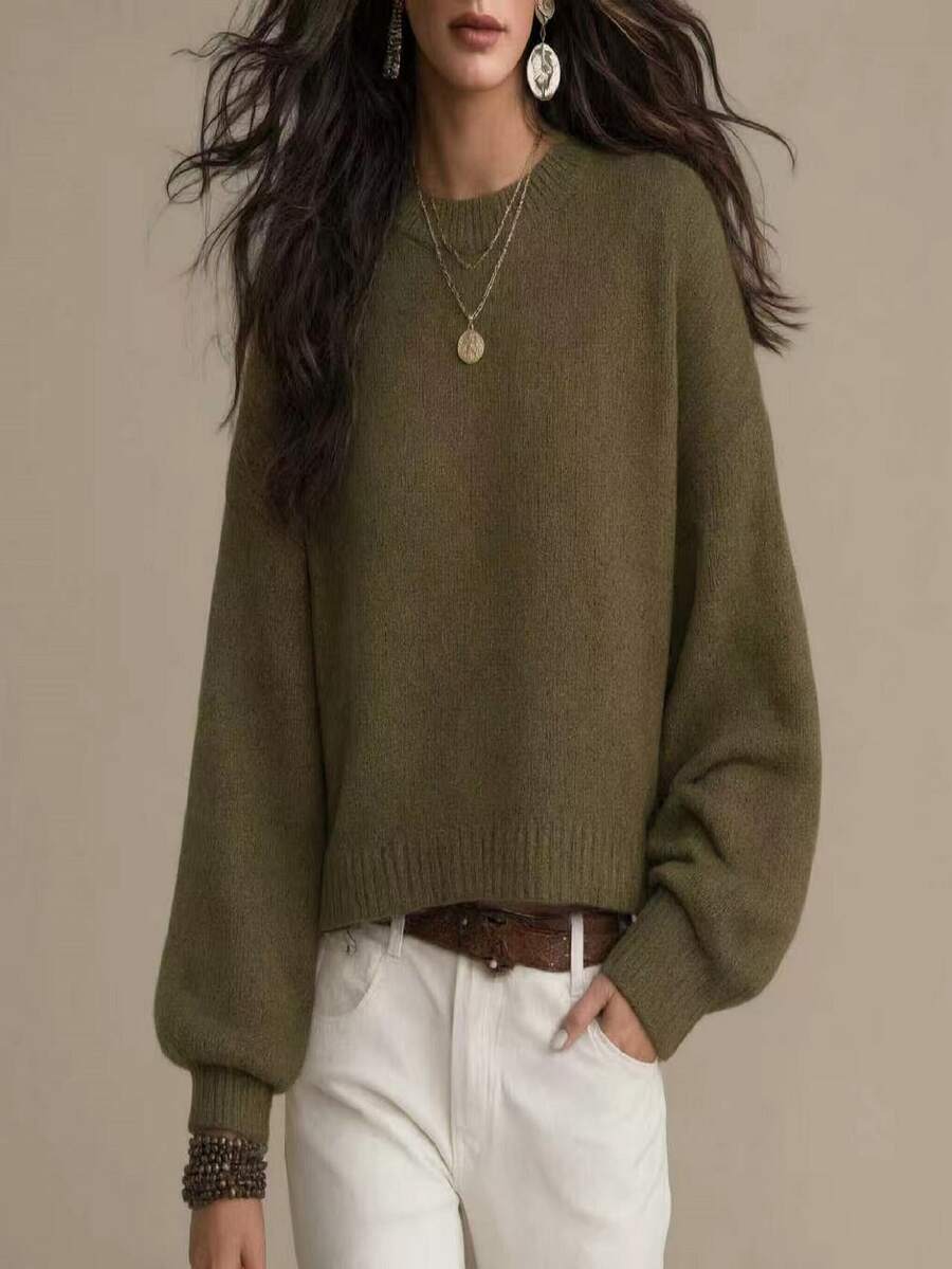 Elafinee Women's Solid Color Simple Casual Crew Neck Long Sleeve White Sweater - Olive Green - View 1