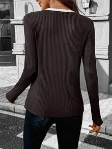 SHEIN LUNE Women's Colorblock Long Sleeve T-Shirt, Minimalist Fashion Casual For Everyday, Casual Brunch Brown Striped Autumn Day Time Work City Break Vacation - Coffee Brown - View 2