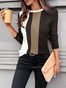 SHEIN LUNE Women's Colorblock Long Sleeve T-Shirt, Minimalist Fashion Casual For Everyday, Casual Brunch Brown Striped Autumn Day Time Work City Break Vacation - Coffee Brown - View 1