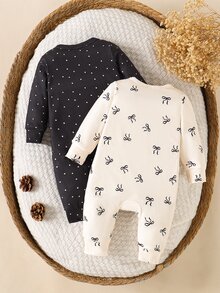 SHEIN 女嬰新生兒秋季甜美可愛蝴蝶結圖案長袖連身衣 2件套服飾 黑白波點米色 親子套裝 - 黑色 - 查看 2