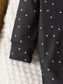 SHEIN 女嬰新生兒秋季甜美可愛蝴蝶結圖案長袖連身衣 2件套服飾 黑白波點米色 親子套裝 - 黑色 - 查看 6