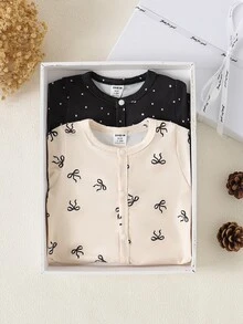 SHEIN 女嬰新生兒秋季甜美可愛蝴蝶結圖案長袖連身衣 2件套服飾 黑白波點米色 親子套裝 - 黑色 - 查看 9