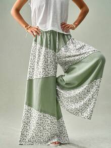 SoleilVie Women Sage Green White All Season Wide Leg Trousers Casual Floral Patchwork Drawstring Cotton Pants Vacation Outfits - Green - View 2