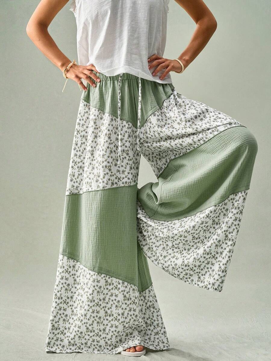 SoleilVie Women Sage Green White All Season Wide Leg Trousers Casual Floral Patchwork Drawstring Cotton Pants Vacation Outfits