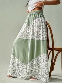 SoleilVie Women Sage Green White All Season Wide Leg Trousers Casual Floral Patchwork Drawstring Cotton Pants Vacation Outfits - Green - View 9