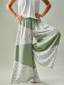 SoleilVie Women Sage Green White All Season Wide Leg Trousers Casual Floral Patchwork Drawstring Cotton Pants Vacation Outfits - Green - View 6