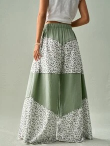 SoleilVie Women Sage Green White All Season Wide Leg Trousers Casual Floral Patchwork Drawstring Cotton Pants Vacation Outfits - Green - View 3