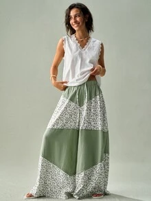 SoleilVie Women Sage Green White All Season Wide Leg Trousers Casual Floral Patchwork Drawstring Cotton Pants Vacation Outfits - Green - View 4
