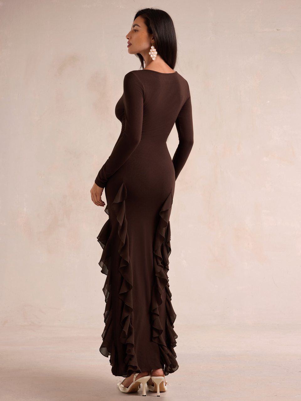 Enchnt Premium Pre-Fall Romantic Women's Elegant Brown Ruffle Knit Dress,Casual Dress,Festival Outfit,Work Outfits,New Year Looks,Modern,Evening Party
