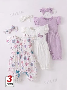 SHEIN Playful Pals 3pcs/Set Baby Girls' Casual Butterfly Print Romper With Headband - Multicolor - View 1