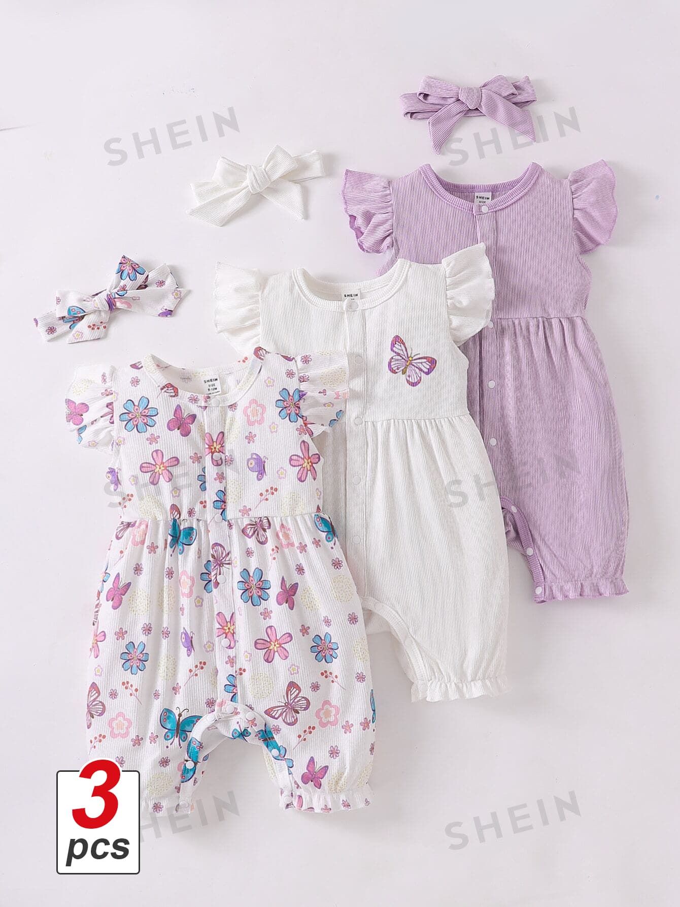 SHEIN Playful Pals 3pcs/Set Baby Girls' Casual Butterfly Print Romper With Headband - Multicolor - View 1