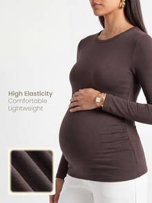 Modmama Maternity Solid Round Neck Tee Fall - Brown - View 1