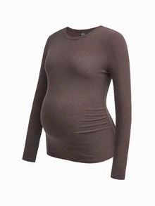 Modmama Maternity Solid Round Neck Tee Fall - Brown - View 6
