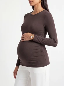 Modmama Maternity Solid Round Neck Tee Fall - Brown - View 3
