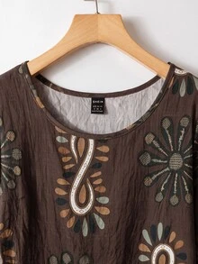 Rusticease Gaun Pendek Kasual Boho Wanita Warna Cokelat Kerah Bulat Tanpa Lengan - Coklat - View 5