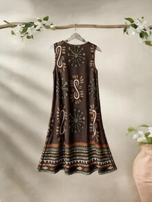 Rusticease Gaun Pendek Kasual Boho Wanita Warna Cokelat Kerah Bulat Tanpa Lengan - Coklat - View 2