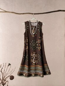 Rusticease Gaun Pendek Kasual Boho Wanita Warna Cokelat Kerah Bulat Tanpa Lengan - Coklat - View 1