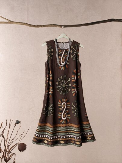 Rusticease Women's Brown Round Neck Sleeveless Casual Boho Short Dress