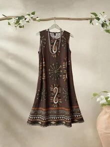 Rusticease Gaun Pendek Kasual Boho Wanita Warna Cokelat Kerah Bulat Tanpa Lengan - Coklat - View 6