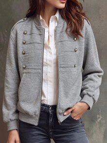 SHEIN American Retro Button Decor Grey Sweatshirt Fabric Baseball Collar Zip-Up Casual Short Jacket - Grey - View 5