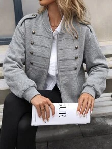SHEIN American Retro Button Decor Grey Sweatshirt Fabric Baseball Collar Zip-Up Casual Short Jacket - Grey - View 7