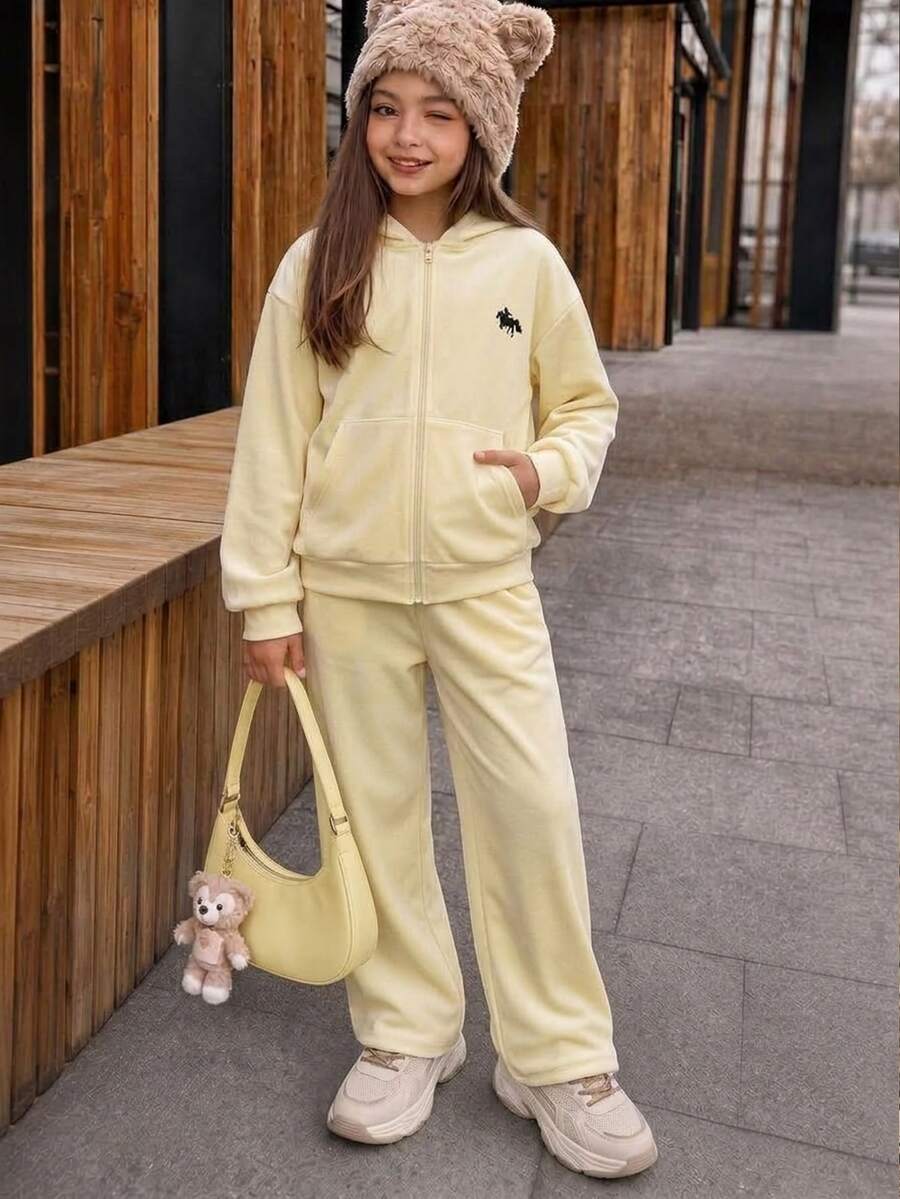 Tween Girls Cream Yellow Kids Front Zipper Autumn Hoodie With Embroidered & Sweatpants Tracksuit 2Pcs Set - Yellow - View 1