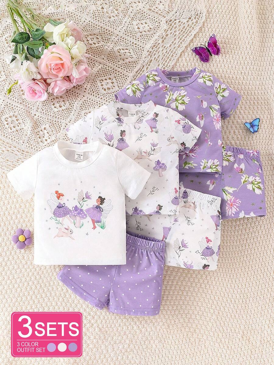 SHEIN 6入組女寶寶可愛優雅仙女印花短袖T恤和短褲套裝,適用於春夏季節 - 彩色 - 查看 1