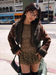 Sweetina Women's Fashion Versatile Winter Plush & Faux Fur Patchwork Coat - Brown - View 3