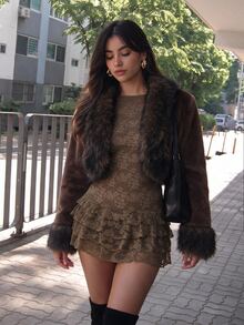 Sweetina Women's Fashion Versatile Winter Plush & Faux Fur Patchwork Coat - Brown - View 2