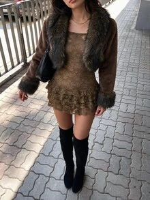 Sweetina Women's Fashion Versatile Winter Plush & Faux Fur Patchwork Coat - Brown - View 5