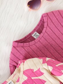 SHEIN 6件套女婴蝴蝶结印花上衣（弧形下摆）+印花纯色裤子套装，可爱休闲百搭秋季装扮 - 粉色 - 查看 7