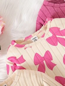 SHEIN 6件套女婴蝴蝶结印花上衣（弧形下摆）+印花纯色裤子套装，可爱休闲百搭秋季装扮 - 粉色 - 查看 5