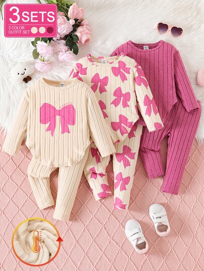 SHEIN 6 Stücke Baby Mädchen Set aus Schleifenprint Top mit gewölbtem Saum + bedruckter einfarbiger Hose, süßer, vielseitiger Casual Outfit für den Herbst