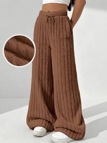 Tween Girls White Textured Kids Double-Sided Thermal Lined Thickened Versatile Pants, Autumn/Winter - Brown - View 1