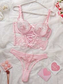 SHEIN 2pcs/Set Women's Sexy Mesh Patchwork Embroidery Lingerie Bustiers Set For Going Out - Pink - View 6