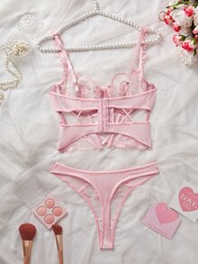 SHEIN 2pcs/Set Women's Sexy Mesh Patchwork Embroidery Lingerie Bustiers Set For Going Out - Pink - View 4