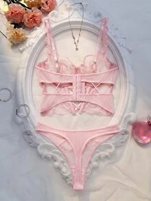SHEIN 2pcs/Set Women's Sexy Mesh Patchwork Embroidery Lingerie Bustiers Set For Going Out - Pink - View 2