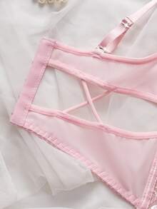 SHEIN 2pcs/Set Women's Sexy Mesh Patchwork Embroidery Lingerie Bustiers Set For Going Out - Pink - View 7