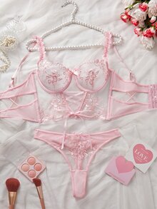 SHEIN 2pcs/Set Women's Sexy Mesh Patchwork Embroidery Lingerie Bustiers Set For Going Out - Pink - View 3