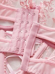 SHEIN 2pcs/Set Women's Sexy Mesh Patchwork Embroidery Lingerie Bustiers Set For Going Out - Pink - View 5