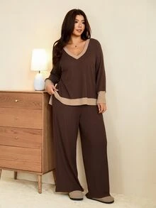 SHEIN LUNE CURVE 大尺碼女款拼色長袖上衣與長褲休閒日常兩件套，適合秋季/冬季外出與居家穿著的休閒套裝 - 棕色 - 查看 8