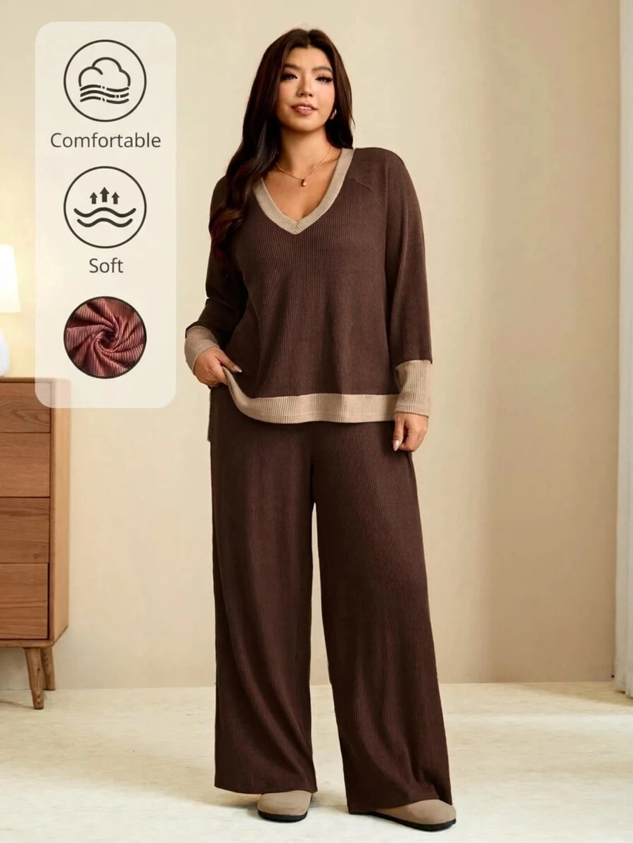SHEIN LUNE CURVE 大尺碼女款拼色長袖上衣與長褲休閒日常兩件套，適合秋季/冬季外出與居家穿著的休閒套裝