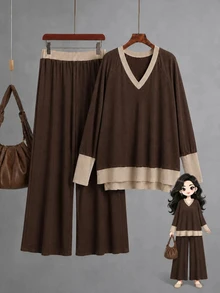 SHEIN LUNE CURVE 大尺碼女款拼色長袖上衣與長褲休閒日常兩件套，適合秋季/冬季外出與居家穿著的休閒套裝 - 棕色 - 查看 6